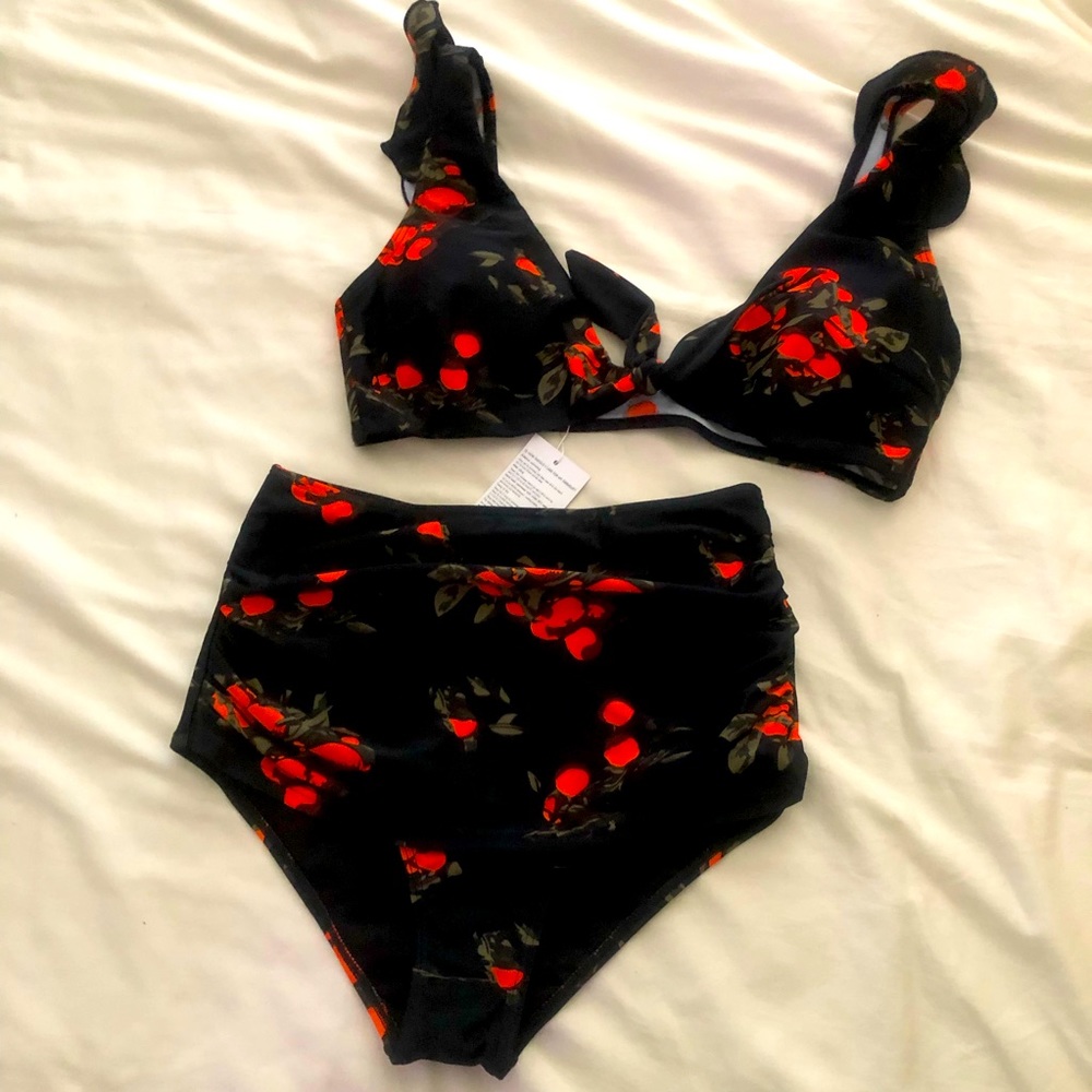 COCOSHIP Women's Retro Floral High Waisted Shirred Bikini Set